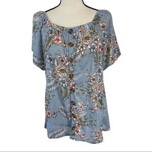 Como Blu Blue Floral Elastic Neckline Botton Front Blouse‎ - Large